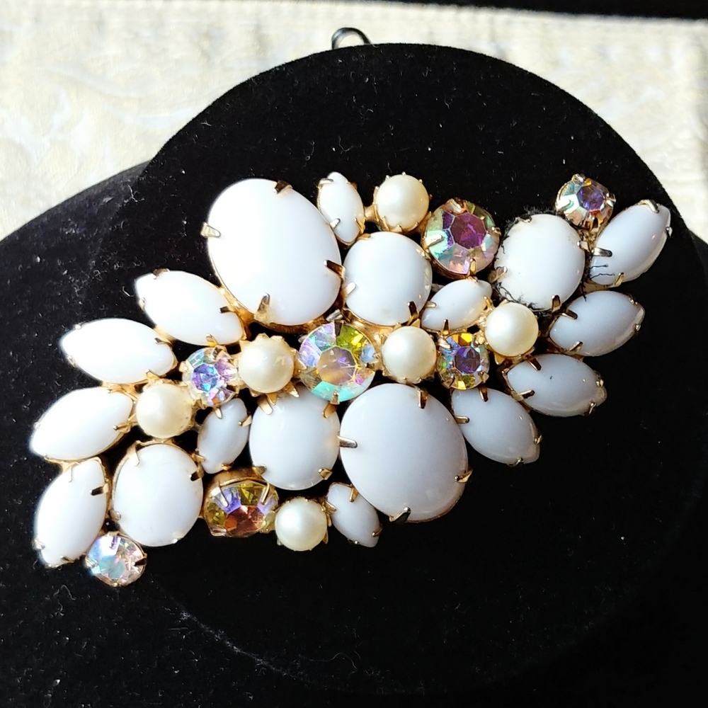 Spectacular Vintage Milk Glass, Aurora Rhinestone & Faux Pearl Brooch Pin
